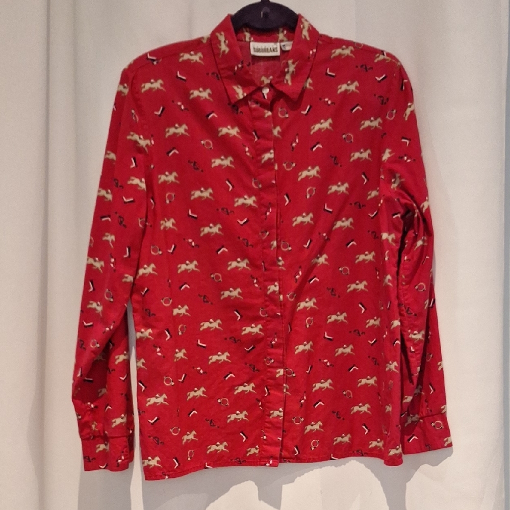 Country Suburbans Red Button-Up Shirt with Equestrian Horse Print